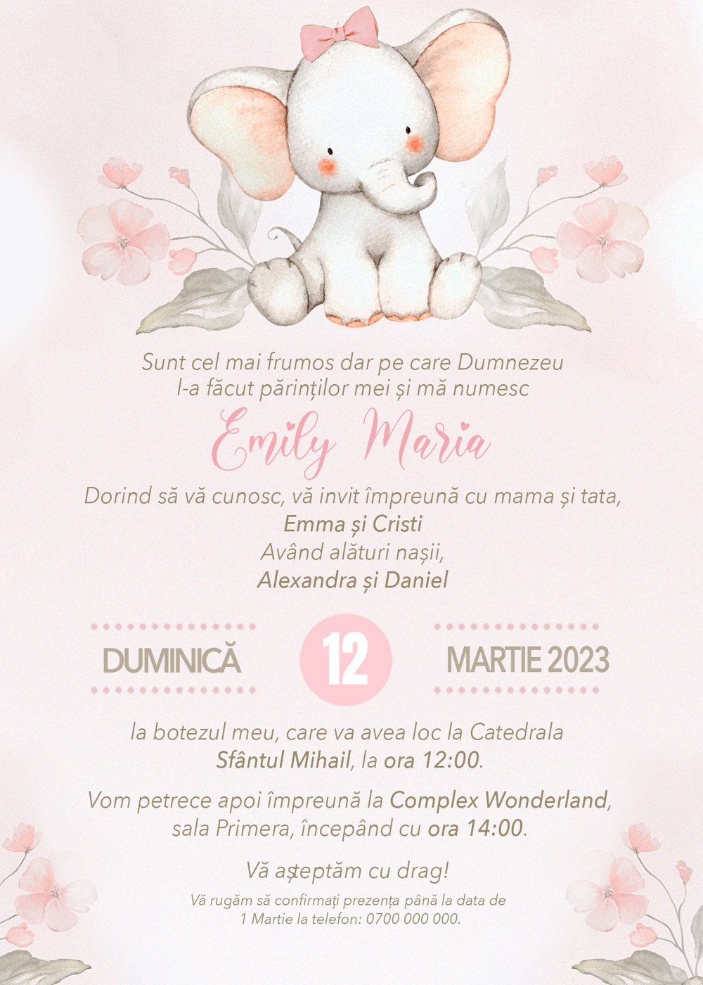 Invitație digitală de botez, modelul Baby Elephant Girl