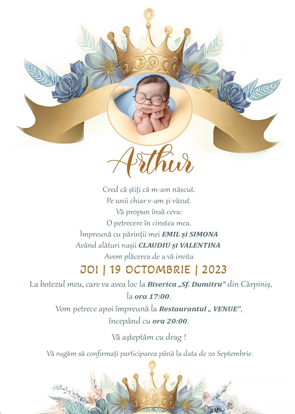 Invitație digitală de botez, modelul Baby Prince