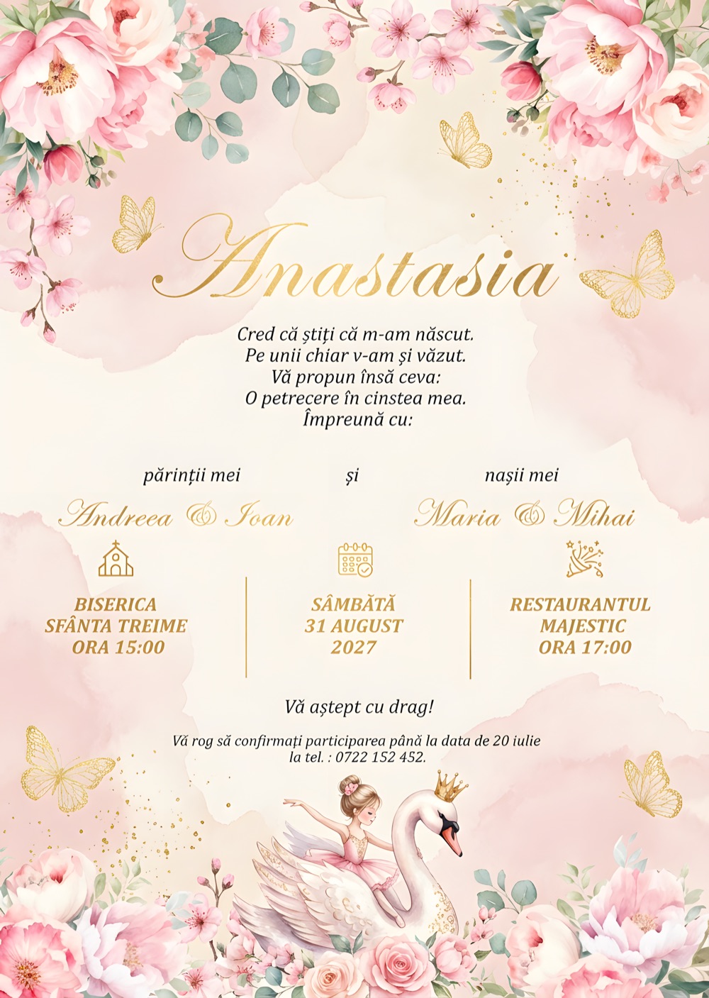 Invitație digitală de botez, modelul Ballerina Swan