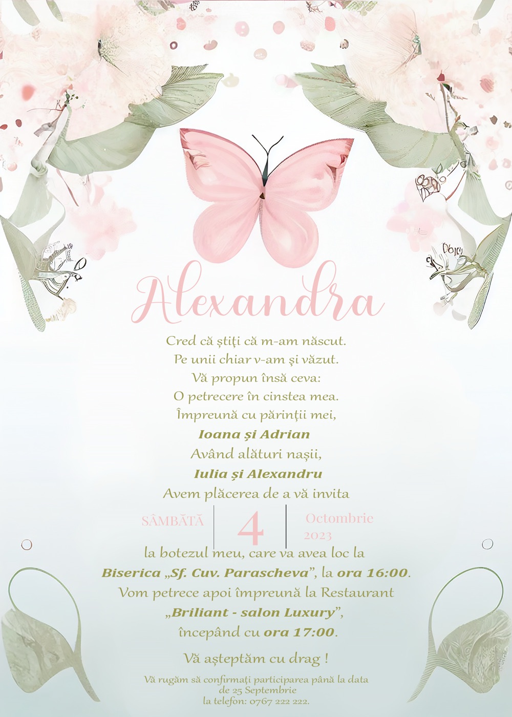 Invitație digitală de botez, modelul Beauty