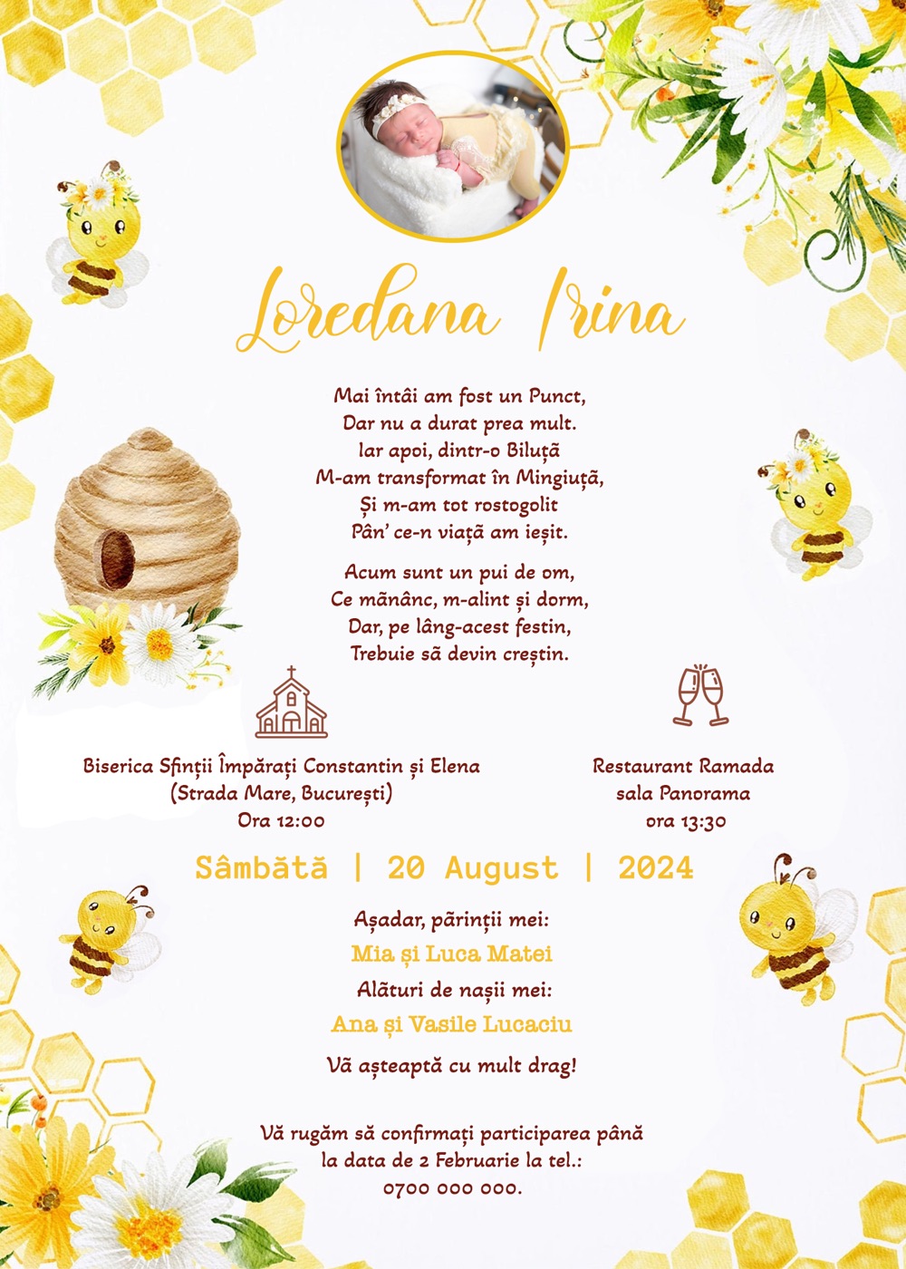 Invitație digitală de botez, modelul Bee