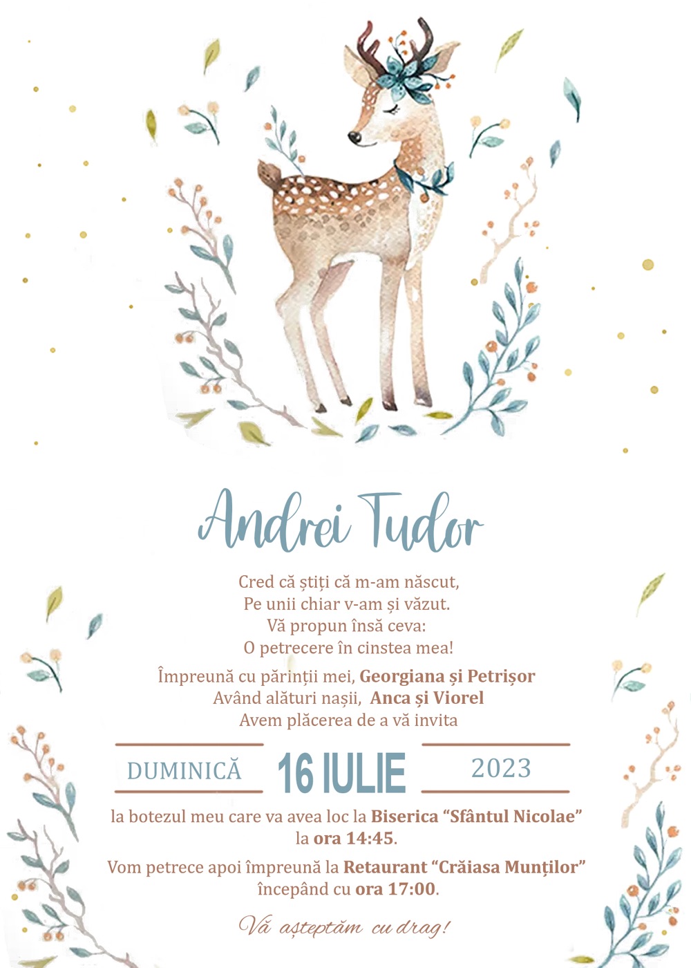 Invitație digitală de botez, modelul Bliss