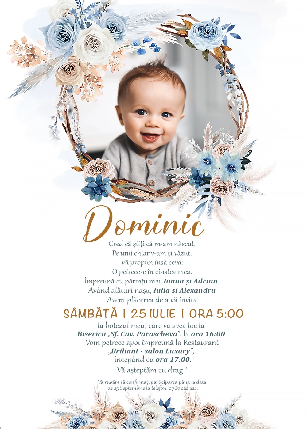 Invitație digitală de botez, modelul Blue Joy