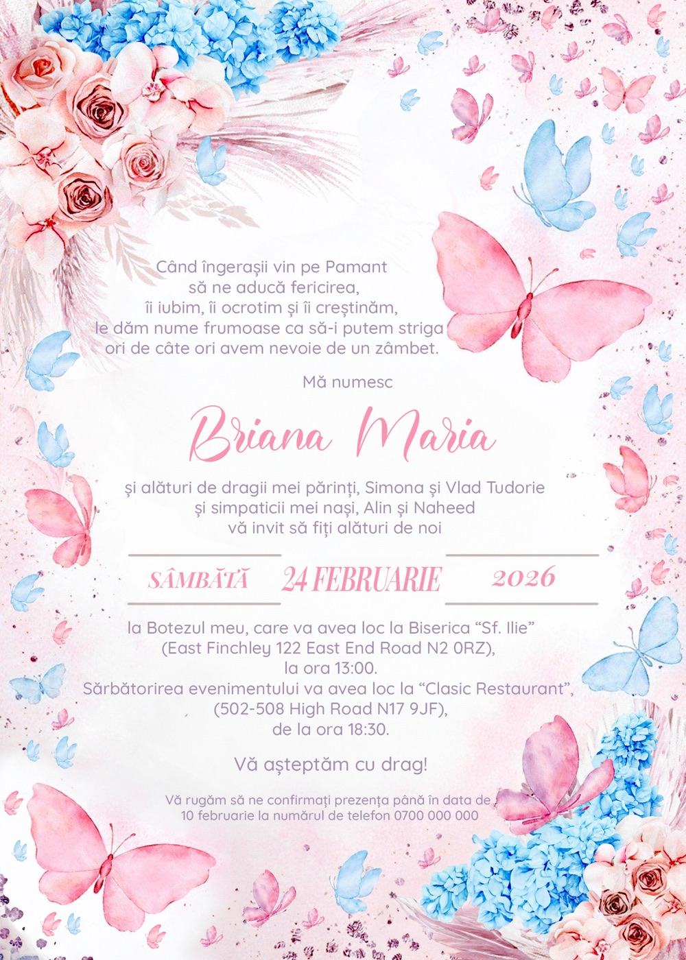 Invitație digitală de botez, modelul Butterflies