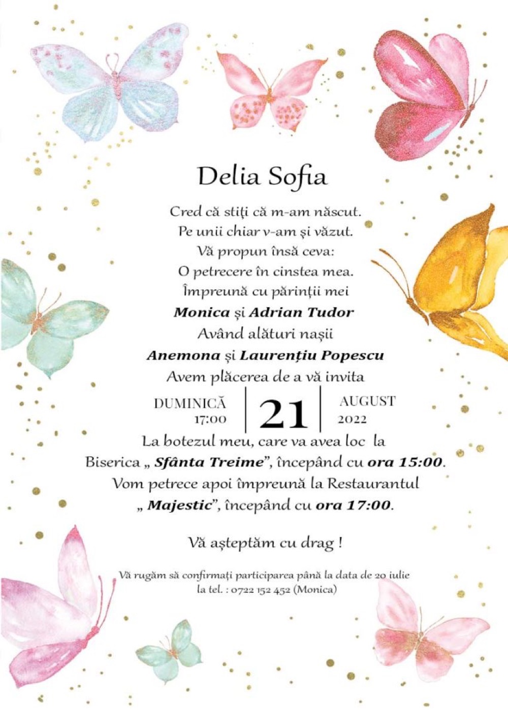 Invitație digitală de botez, modelul Butterfly