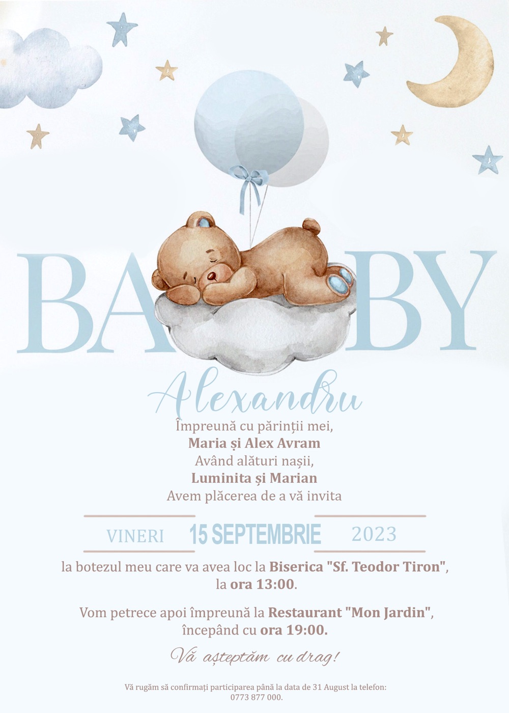 Invitație digitală de botez, modelul Delicate Dream