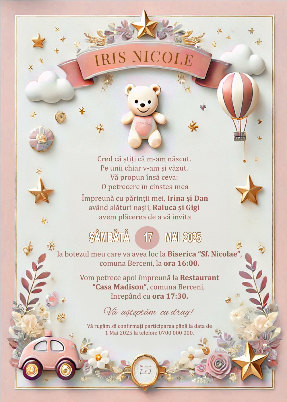 Invitație digitală de botez, modelul Dreamland Girl