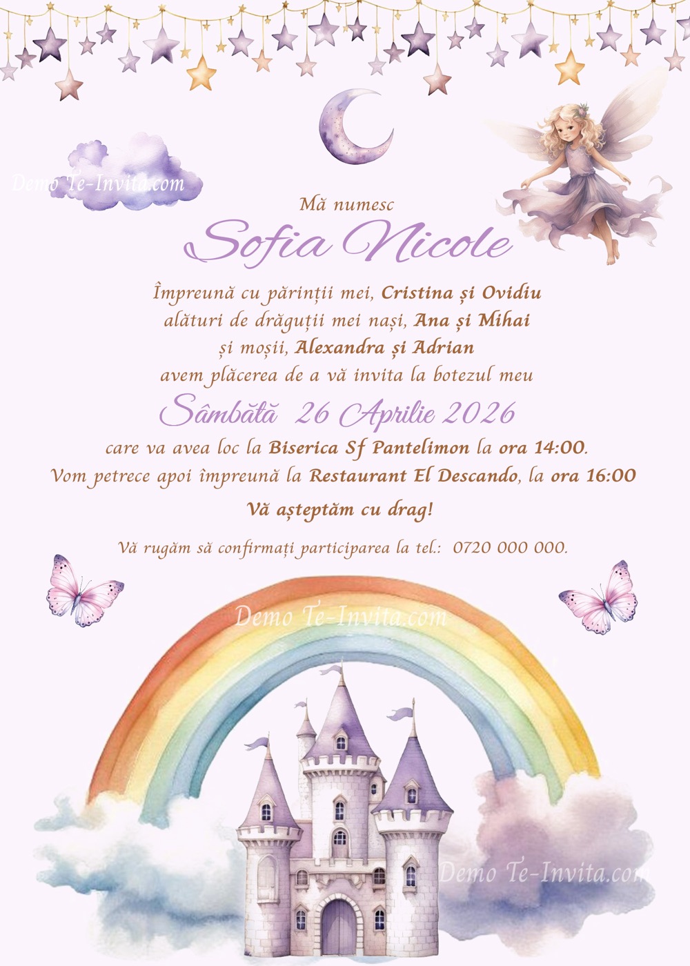 Invitație digitală de botez, modelul Fairy Dreams