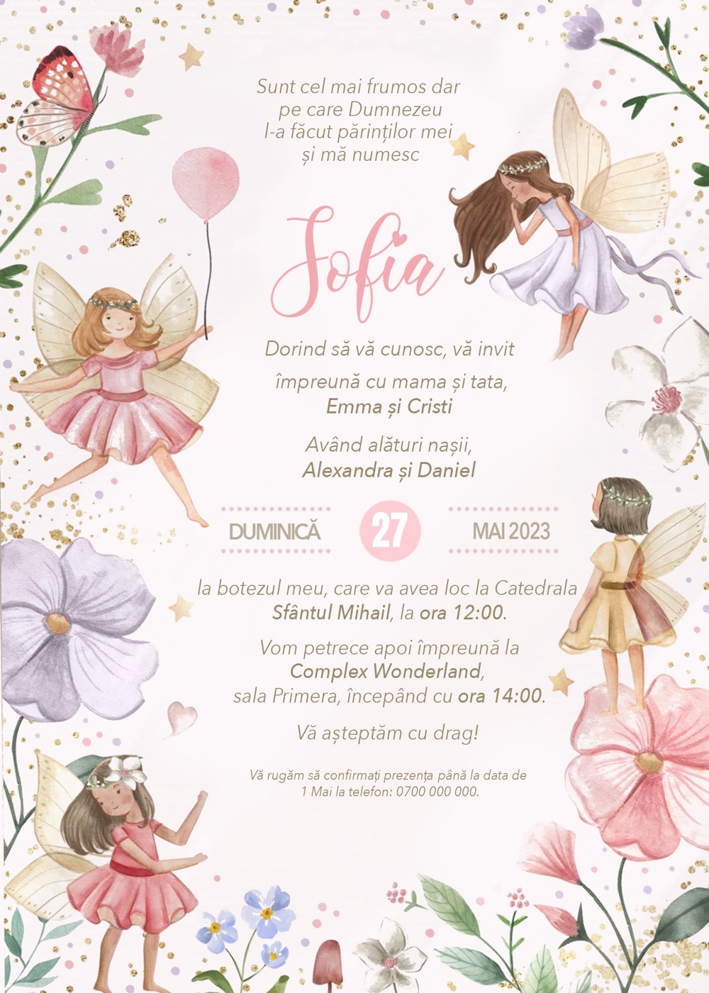 Invitație digitală de botez, modelul Fairy Garden