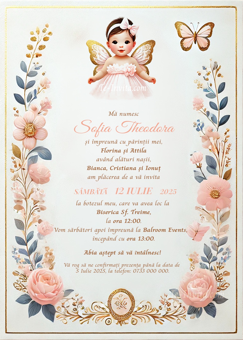 Invitație digitală de botez, modelul Fairy Princess