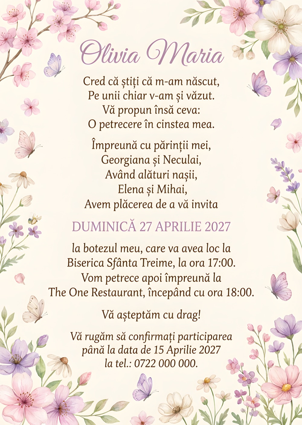 Invitație digitală de botez, modelul Floral Bloom