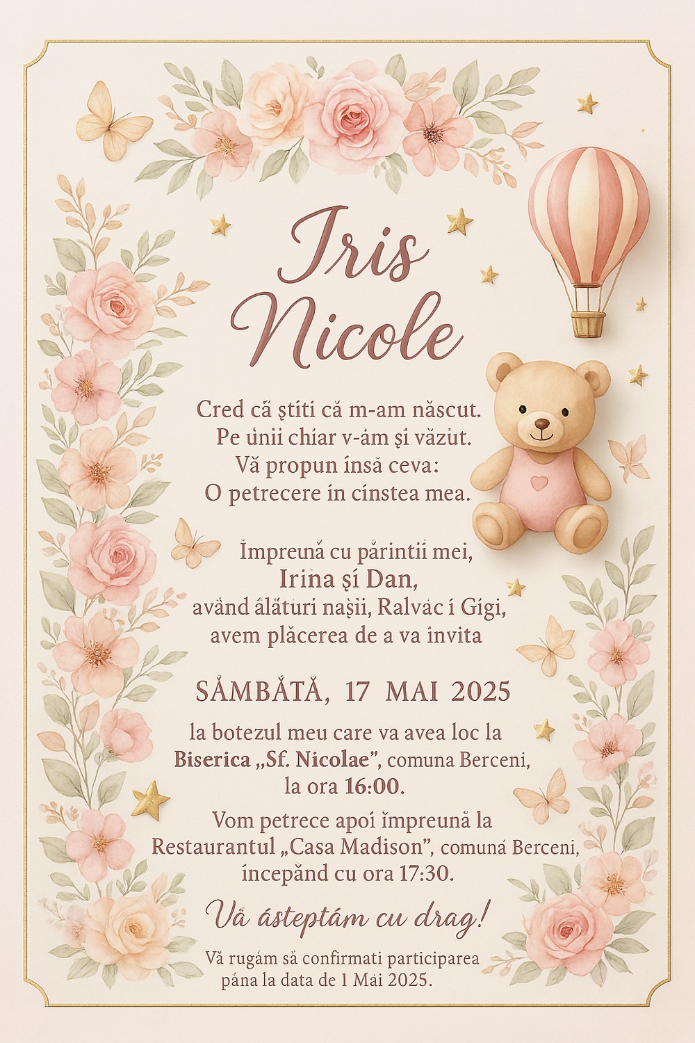 Invitație digitală de botez, modelul Floral Fairytale