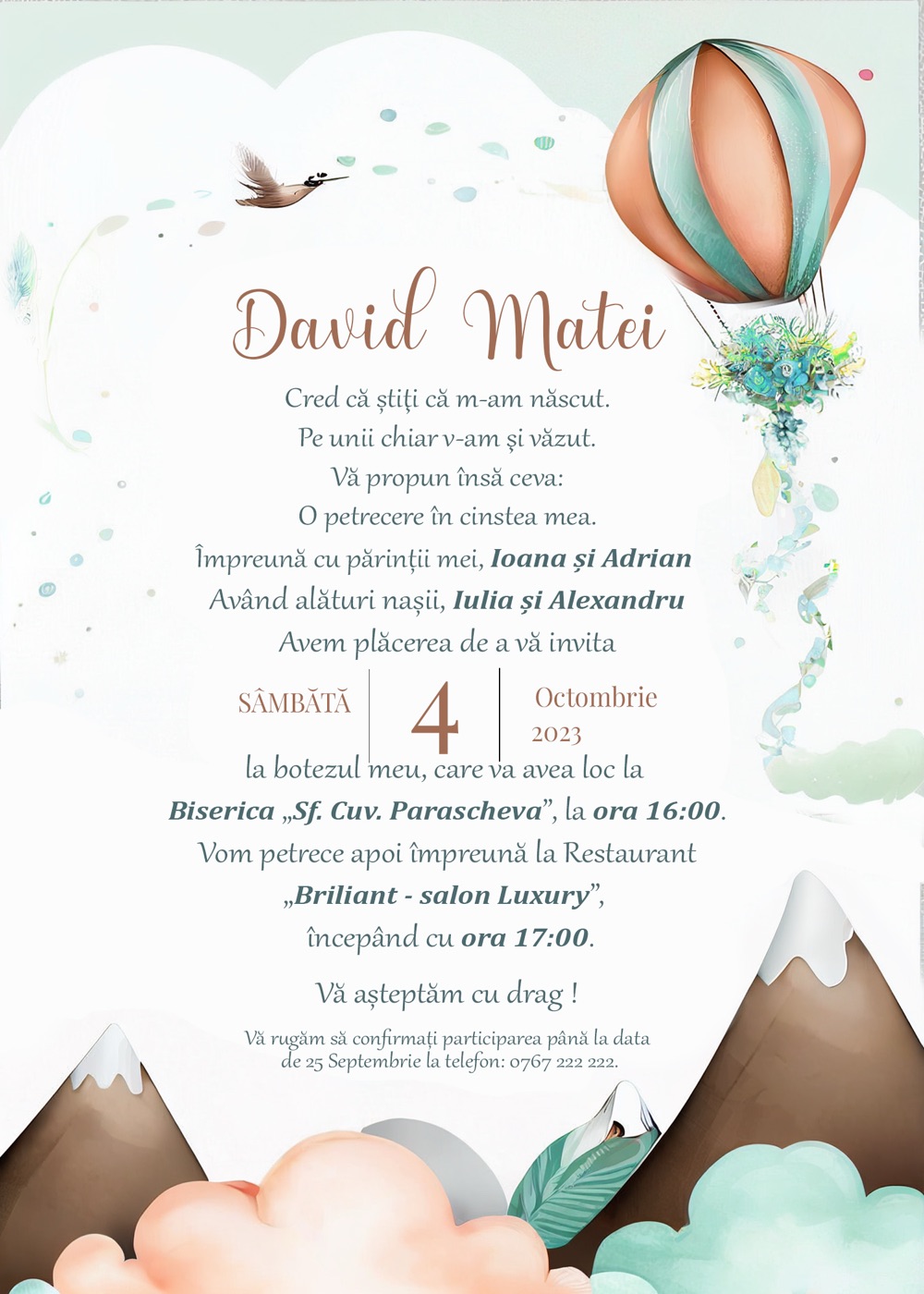 Invitație digitală de botez, modelul Fly