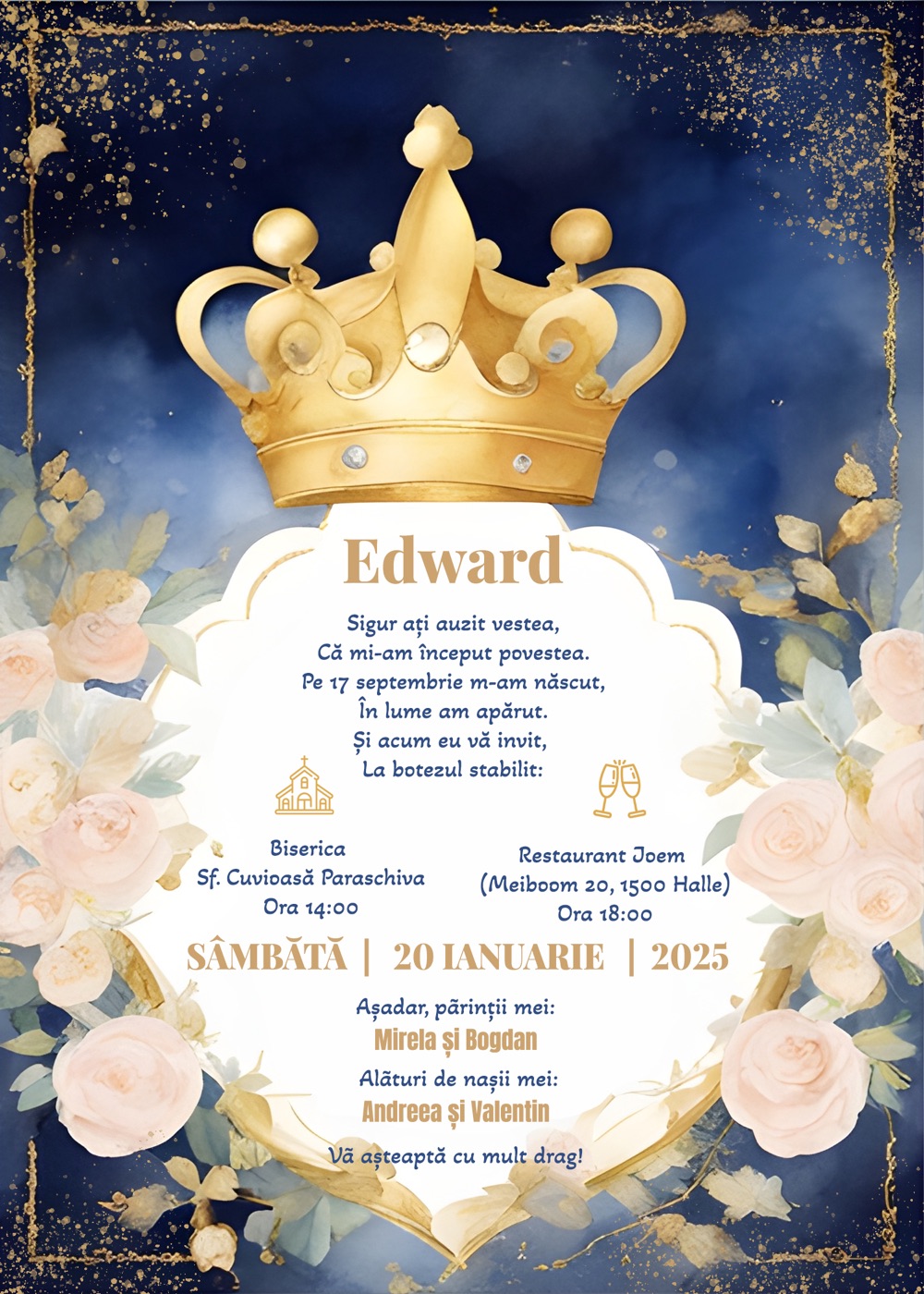 Invitație digitală de botez, modelul Golden Floral Royalty