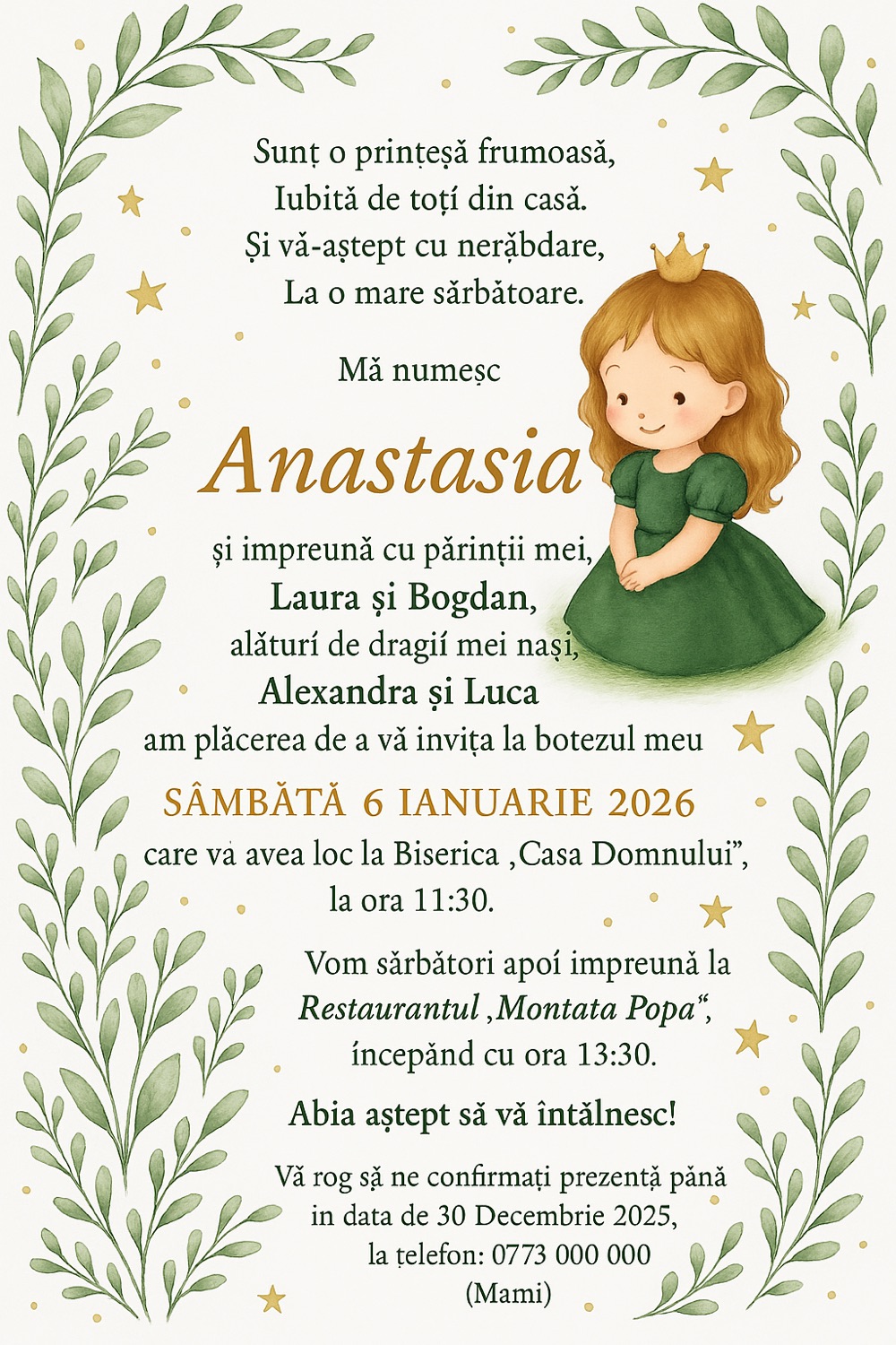 Invitație digitală de botez, modelul Green Grace