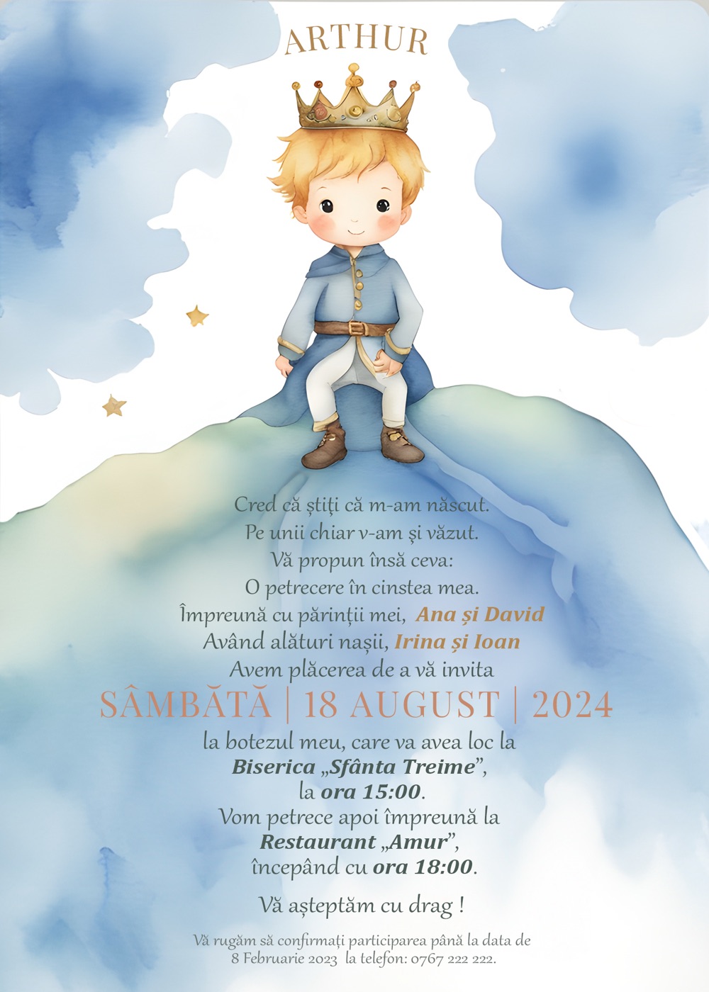 Invitație digitală de botez, modelul Happy Prince