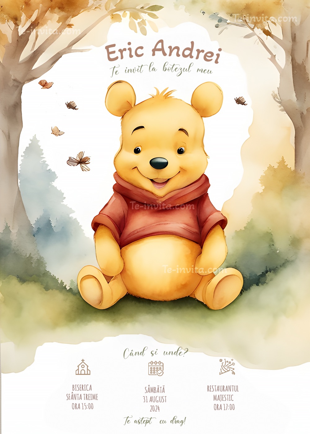Invitație digitală de botez, modelul Happy Winnie The Pooh