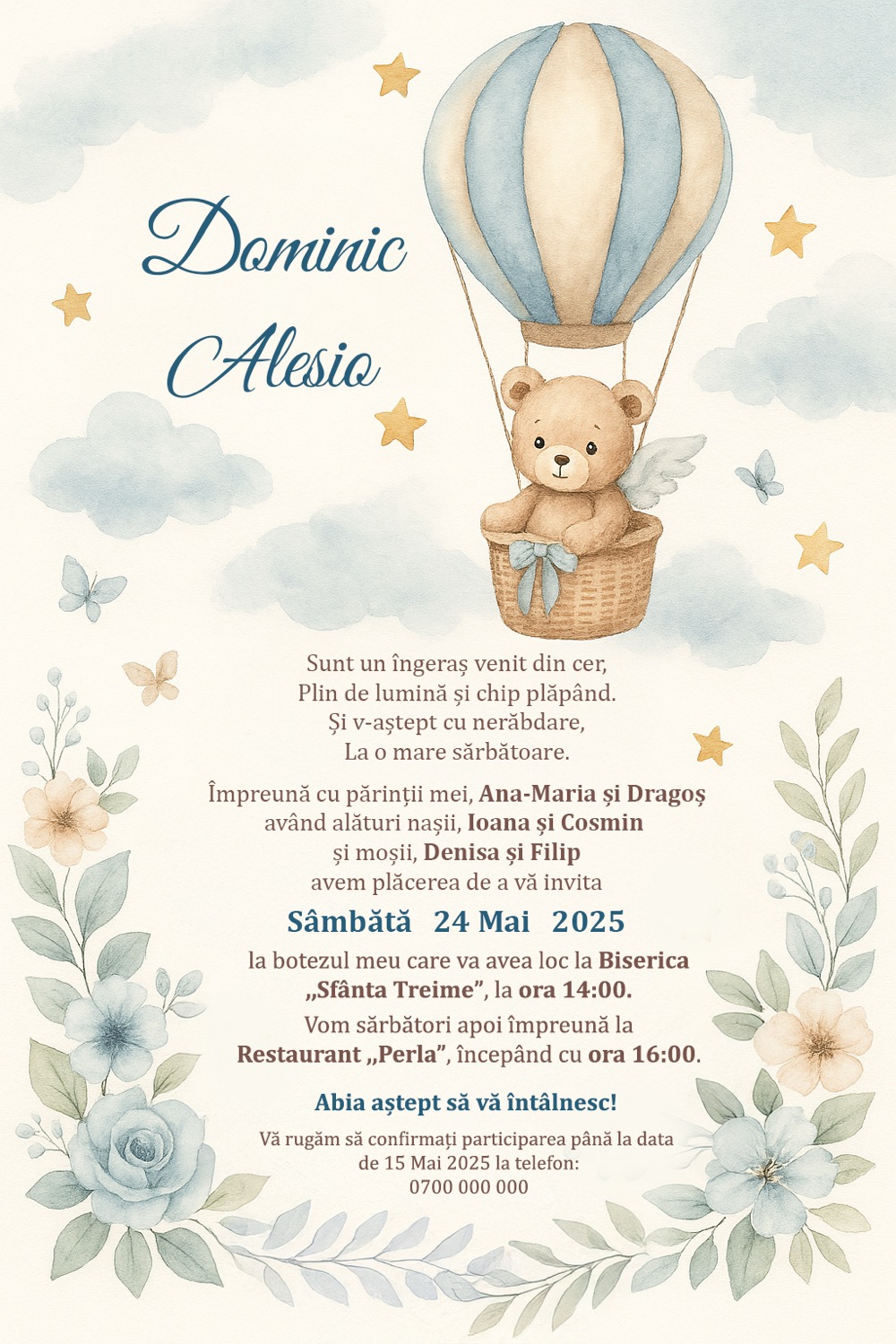 Invitație digitală de botez, modelul Joyful Teddy