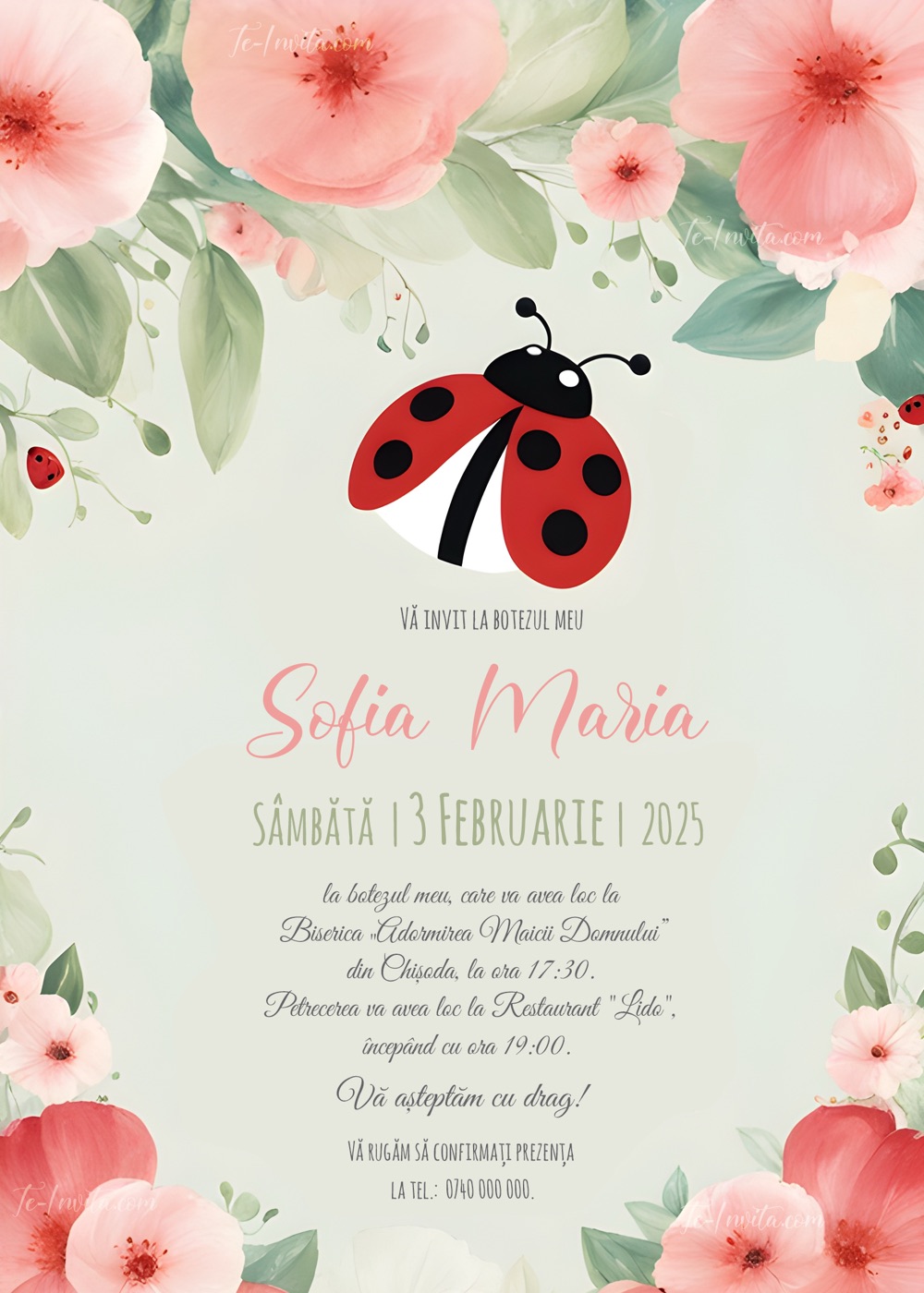 Invitație digitală de botez, modelul Ladybug