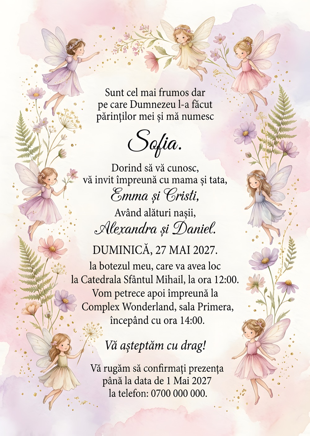 Invitație digitală de botez, modelul Land Of Fairies