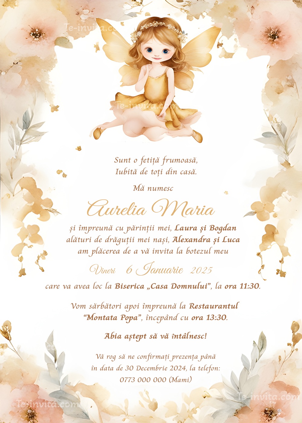 Invitație digitală de botez, modelul Little Fairy