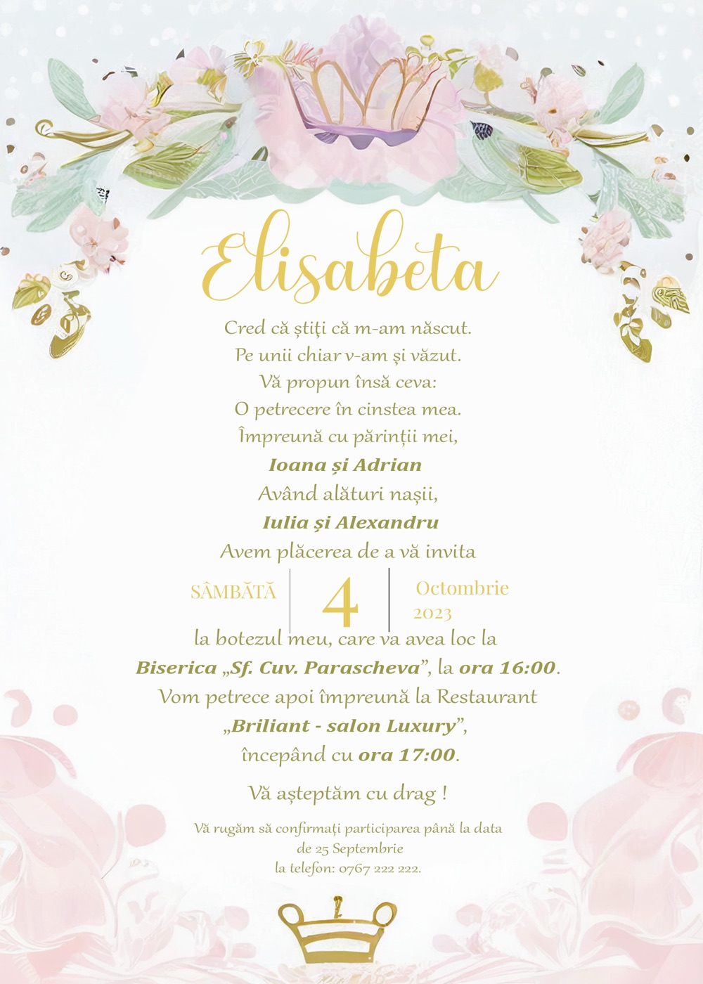 Invitație digitală de botez, modelul Little Princess