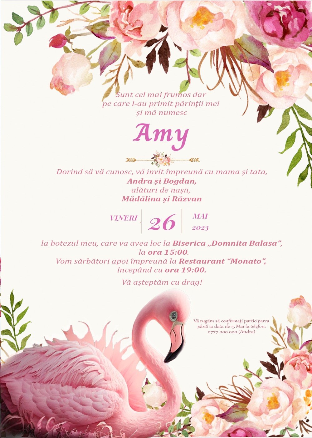 Invitație digitală de botez, modelul Love Of Flamingo