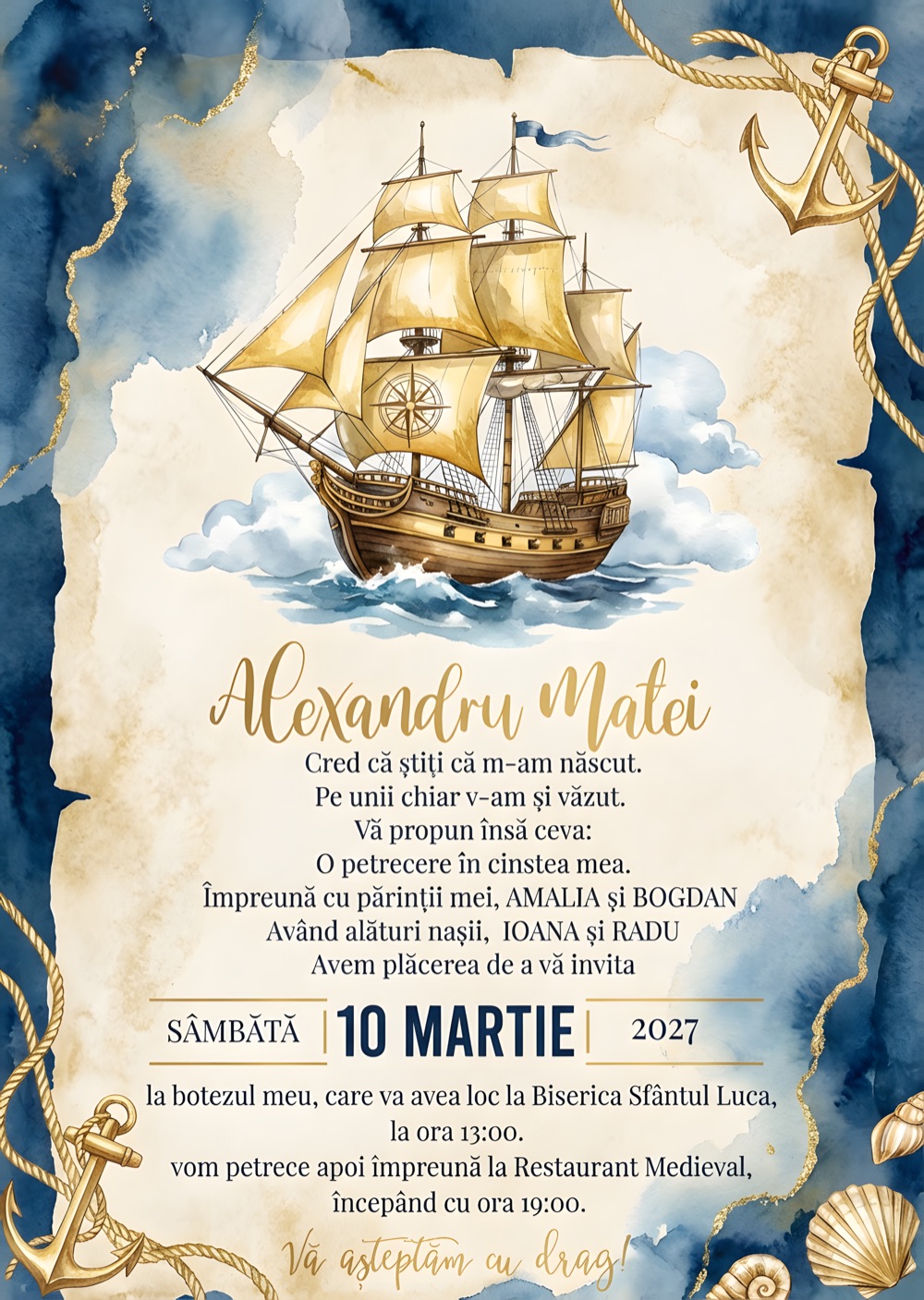 Invitație digitală de botez, modelul Navigator