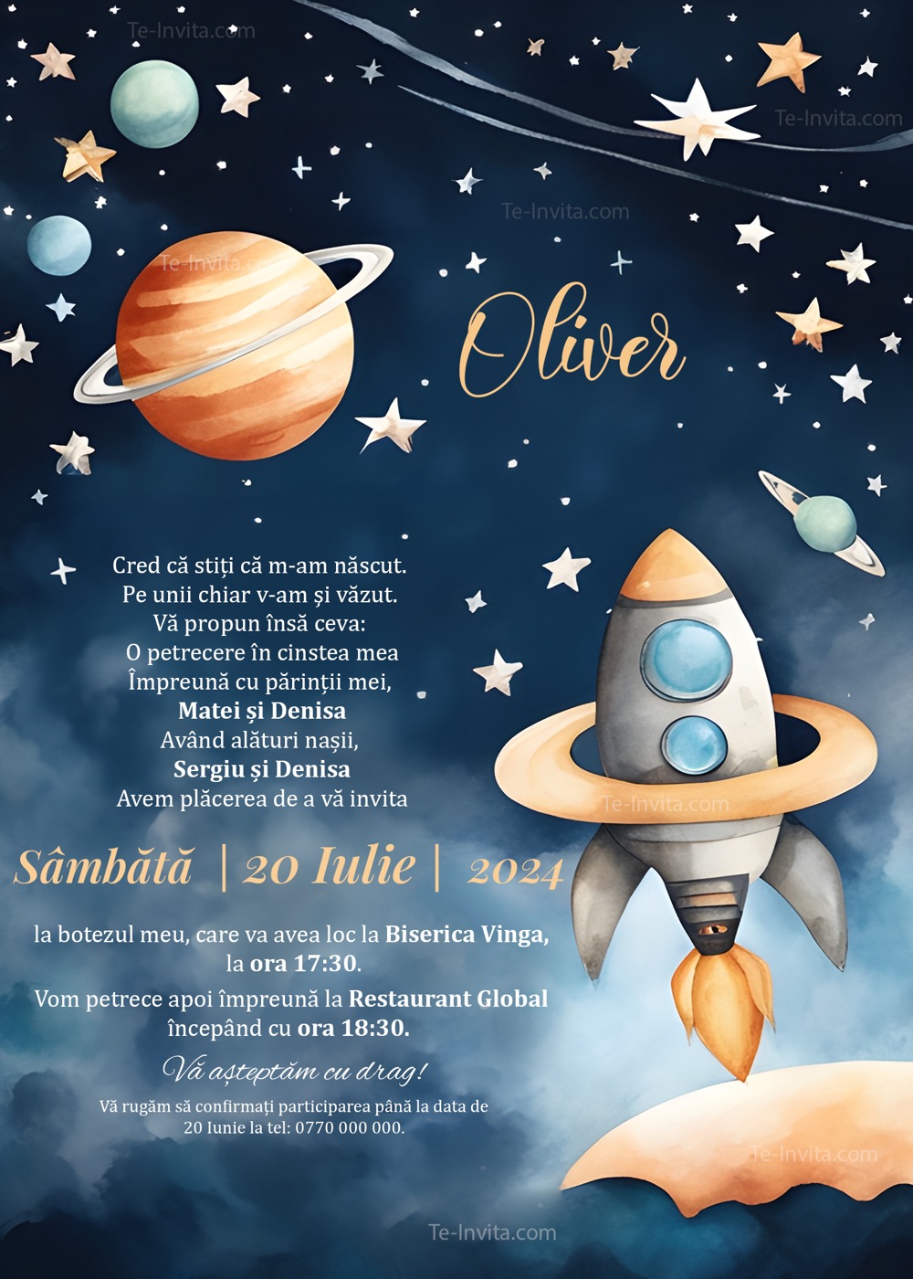 Invitație digitală de botez, modelul Oliver