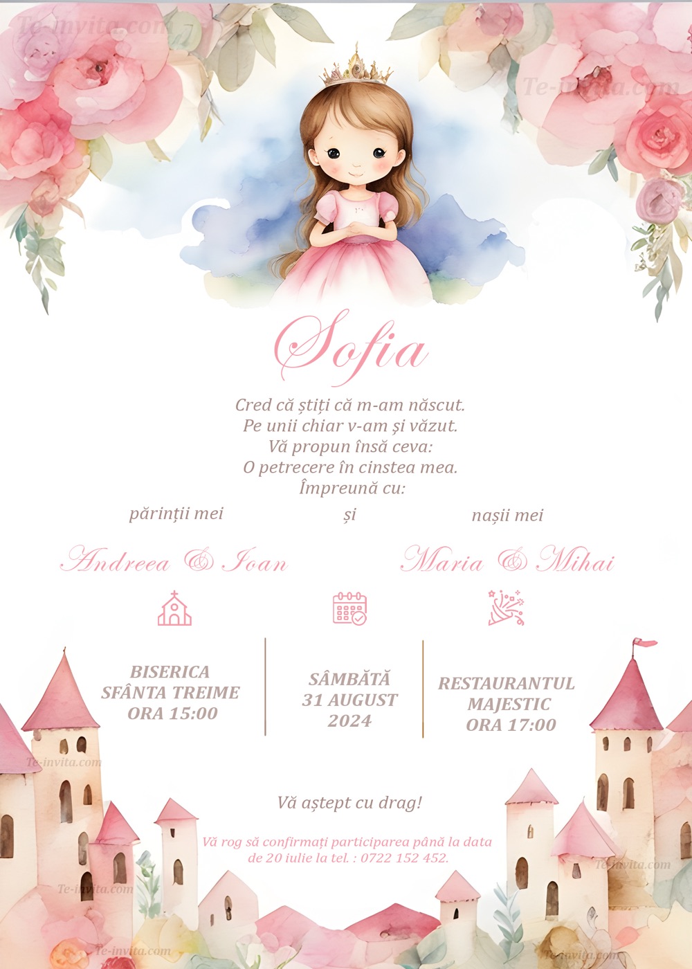 Invitație digitală de botez, modelul Princess Sofia