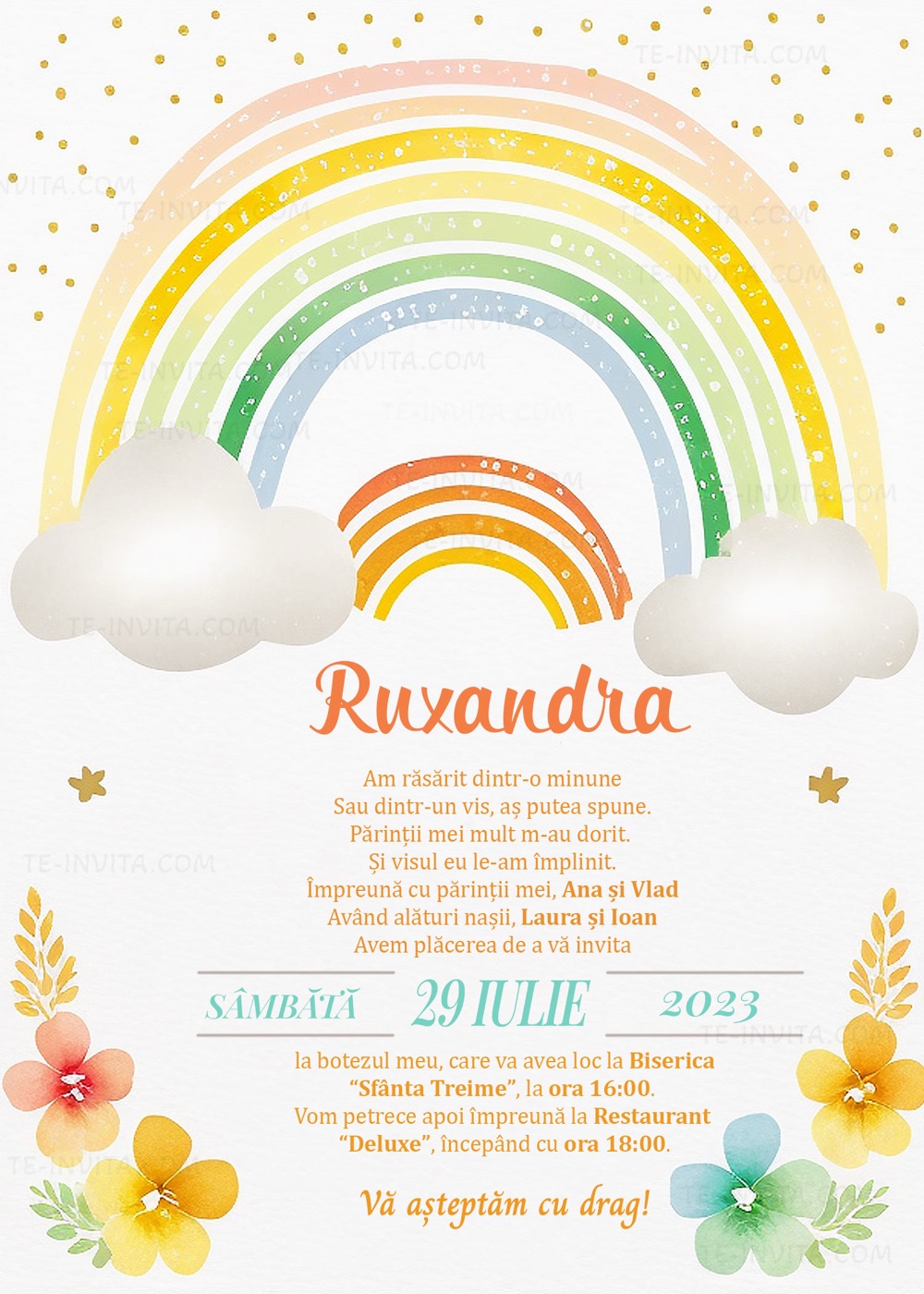 Invitație digitală de botez, modelul Rainbow