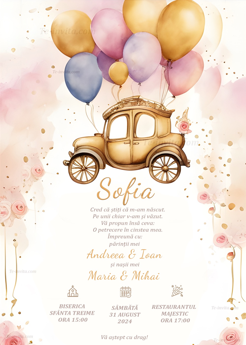 Invitație digitală de botez, modelul Regal Balloon Carriage