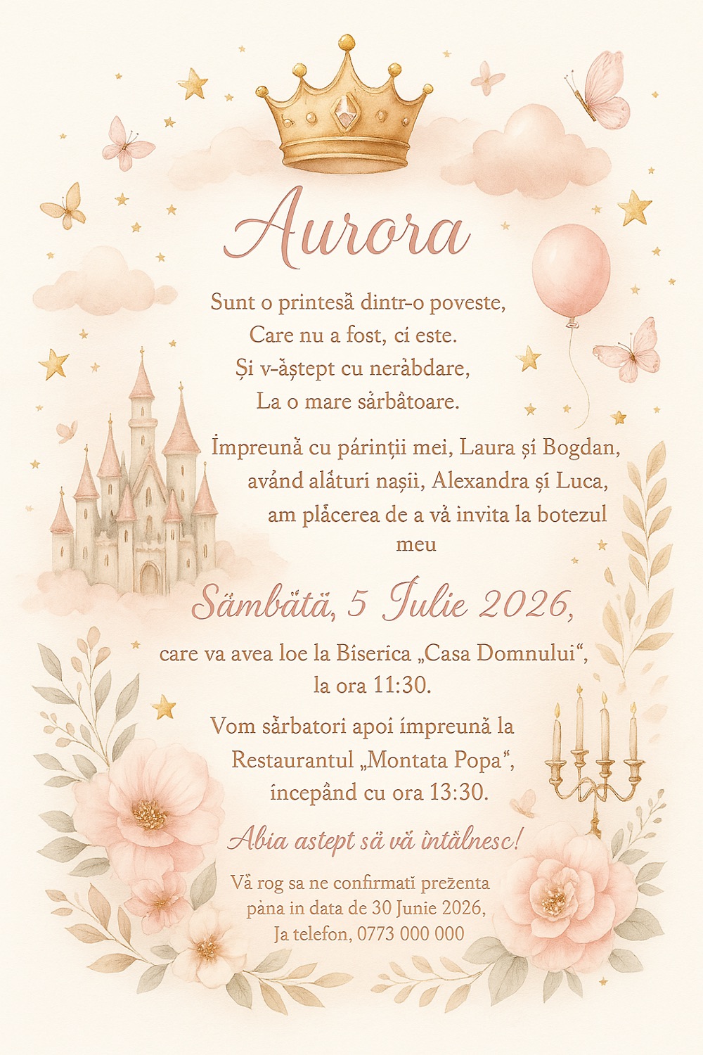 Invitație digitală de botez, modelul Royal Dream