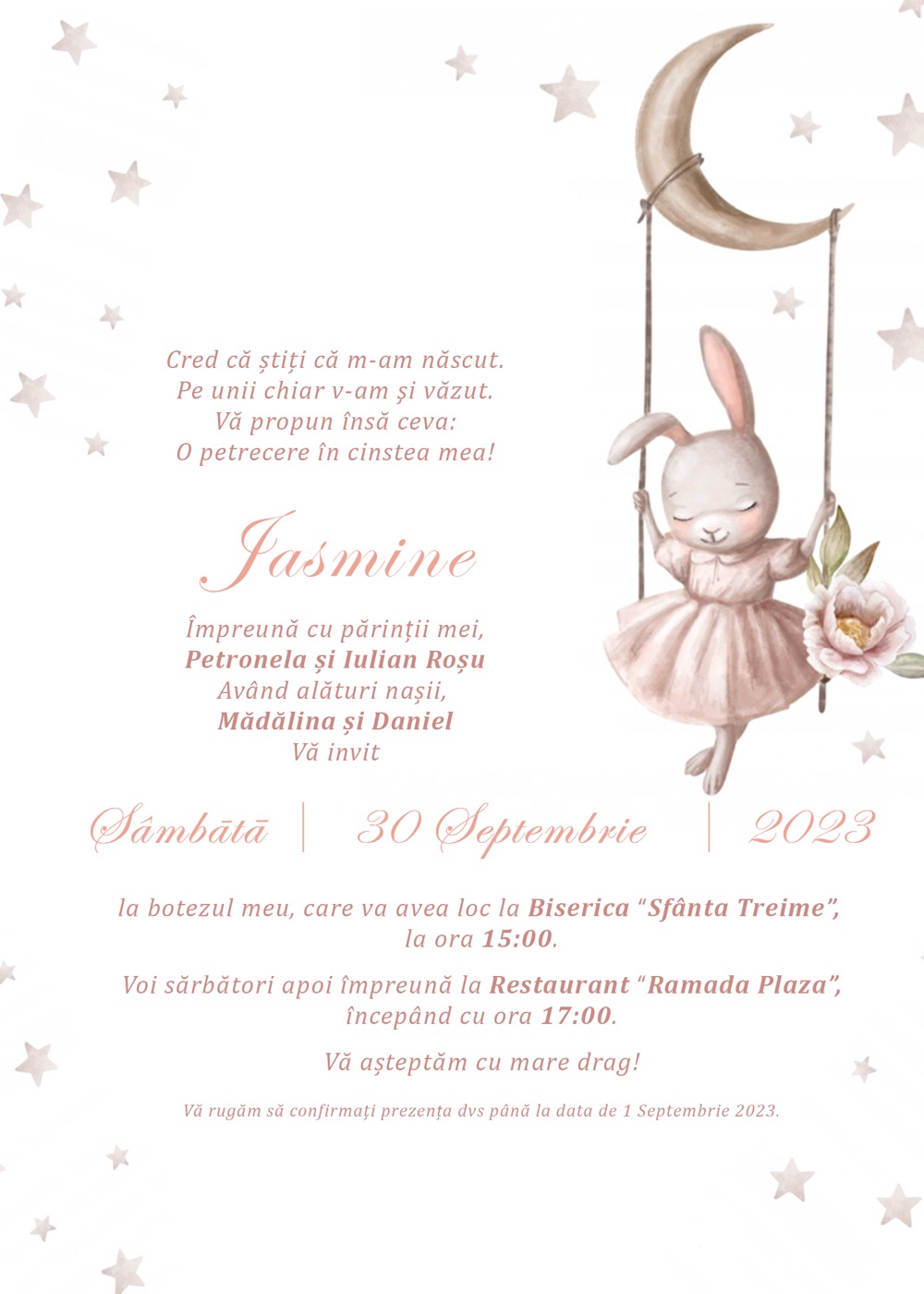 Invitație digitală de botez, modelul Serenity
