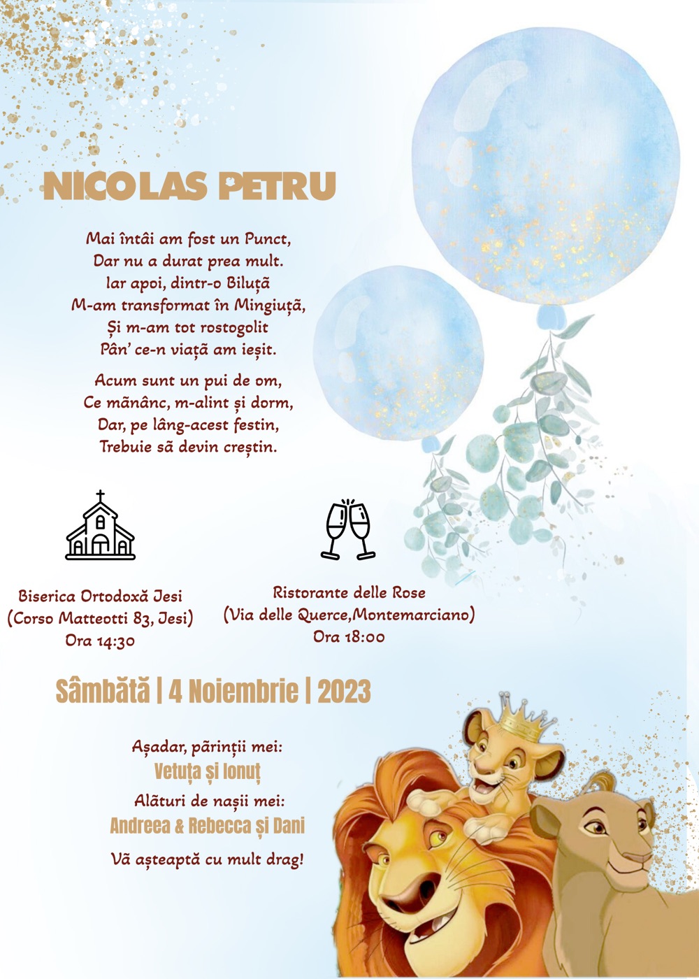 Invitație digitală de botez, modelul Simba