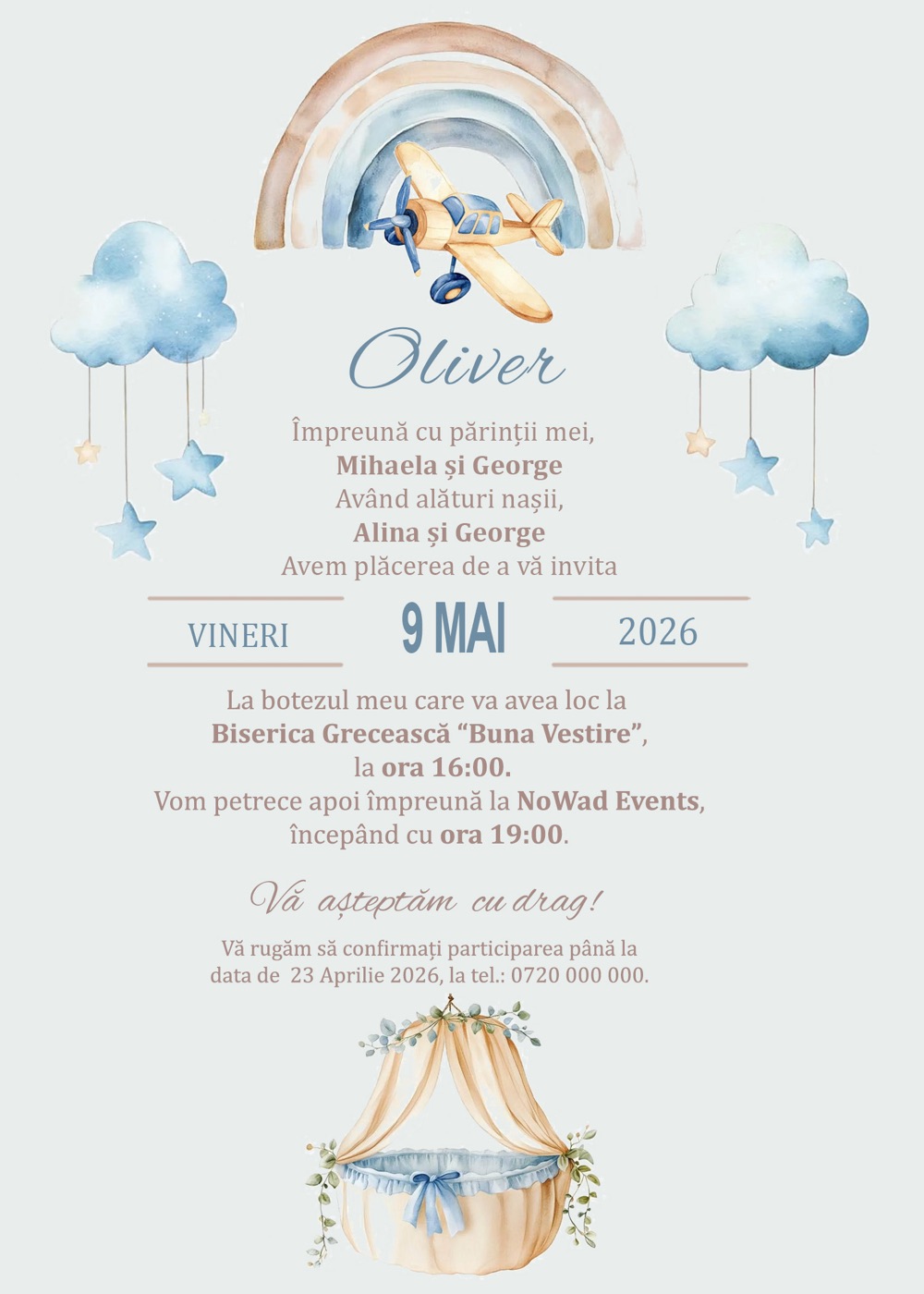 Invitație digitală de botez, modelul Sky Journey