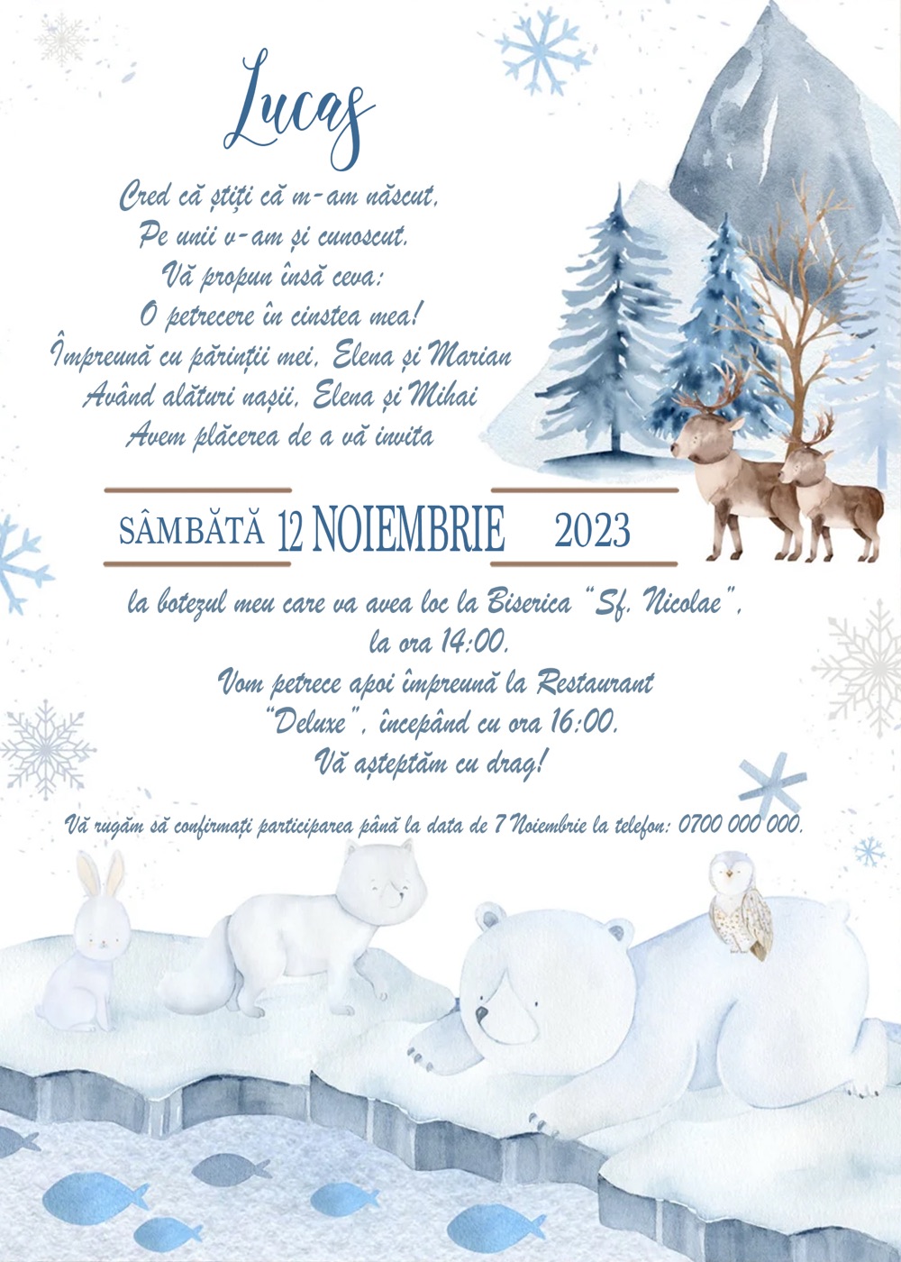 Invitație digitală de botez, modelul Snow Friends
