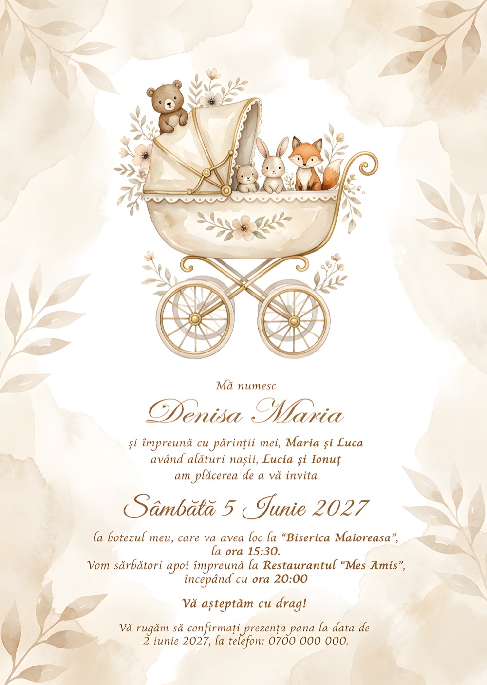 Invitație digitală de botez, modelul Softness