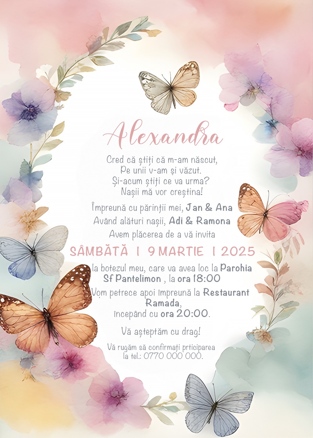 Invitație digitală de botez, modelul Spring Joy