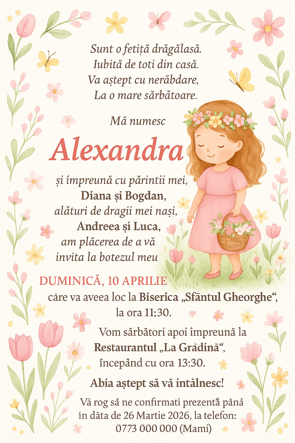 Invitație digitală de botez, modelul Spring Time