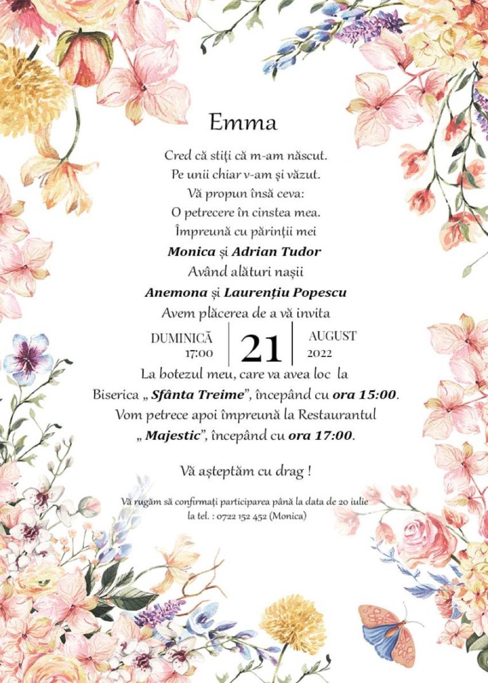 Invitație digitală de botez, modelul Spring