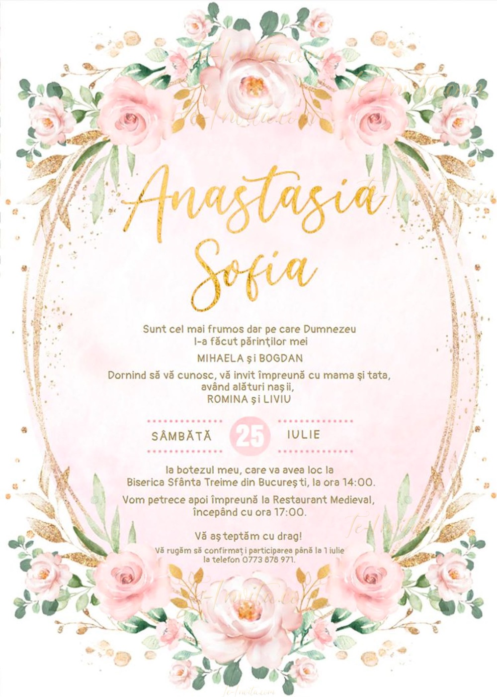 Invitație digitală de botez, modelul Sweet Moment