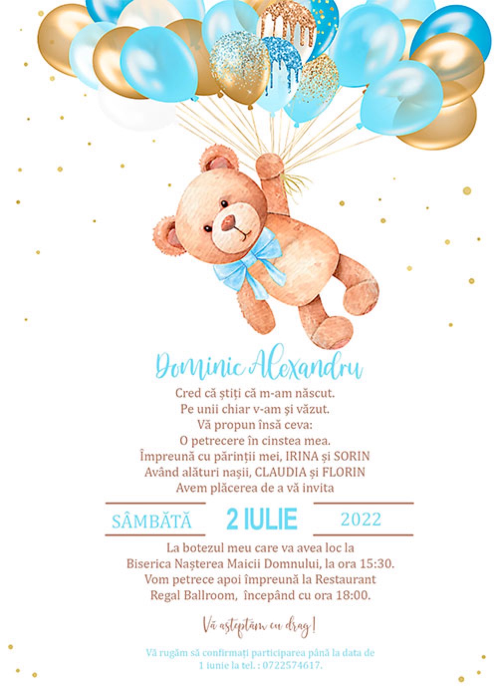 Invitație digitală de botez, modelul Sweet Teddy Boy