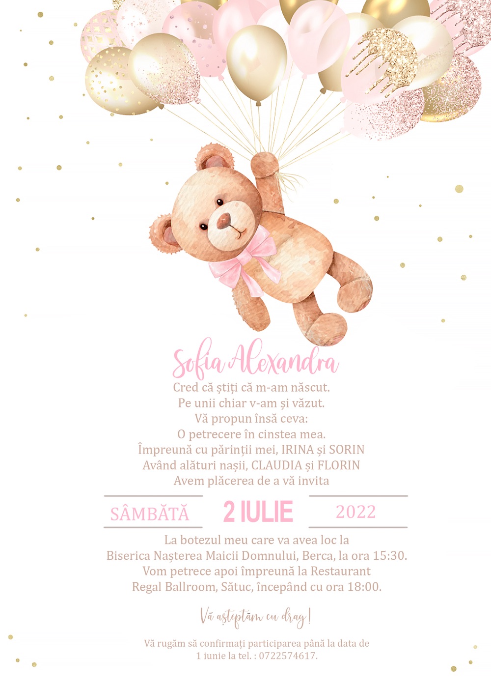 Invitație digitală de botez, modelul Sweetie