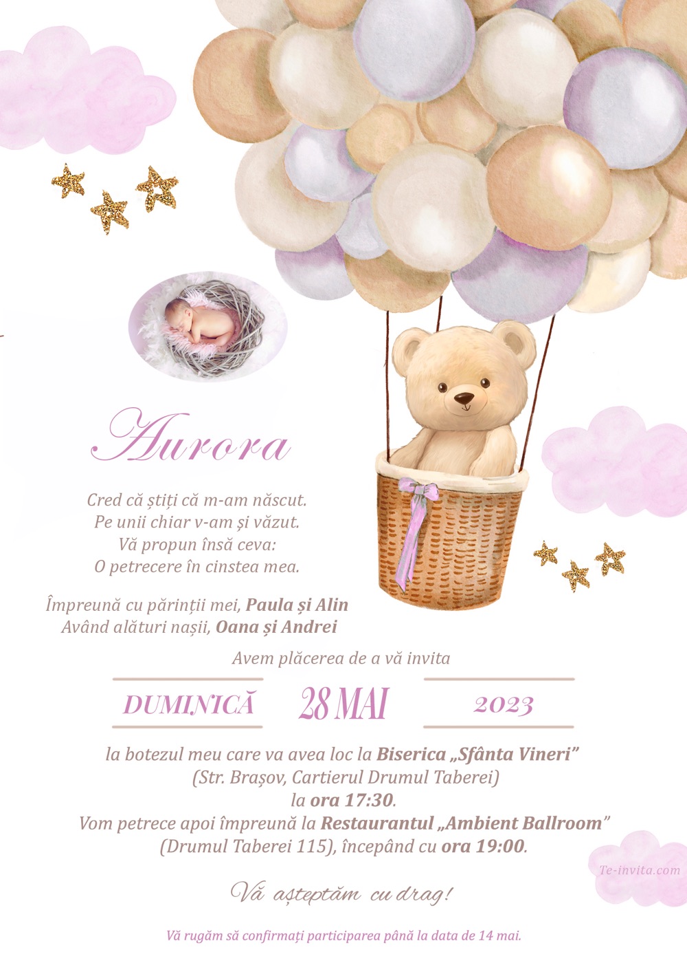 Invitație digitală de botez, modelul Teddy Little Girl