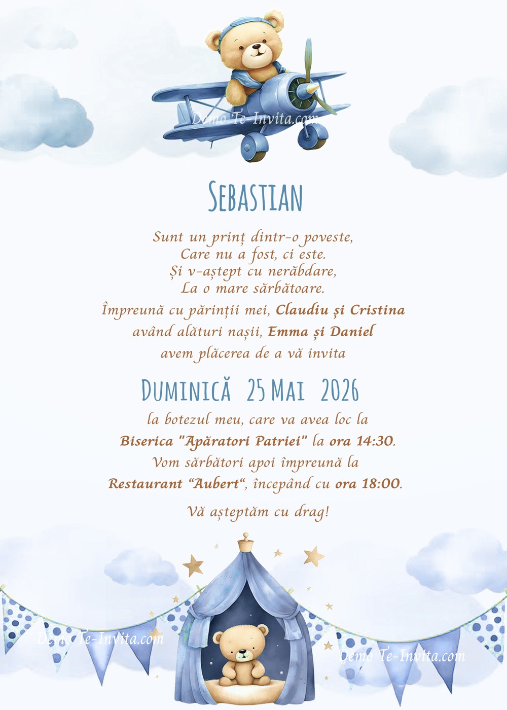 Invitație digitală de botez, modelul Teddy's Joy