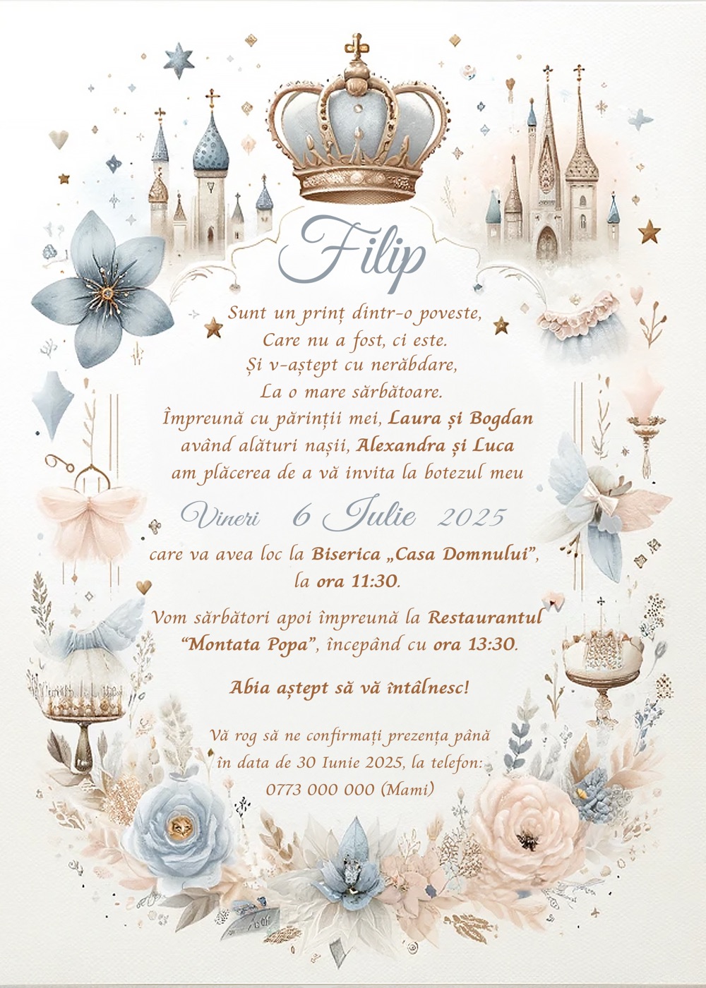 Invitație digitală de botez, modelul The Prince