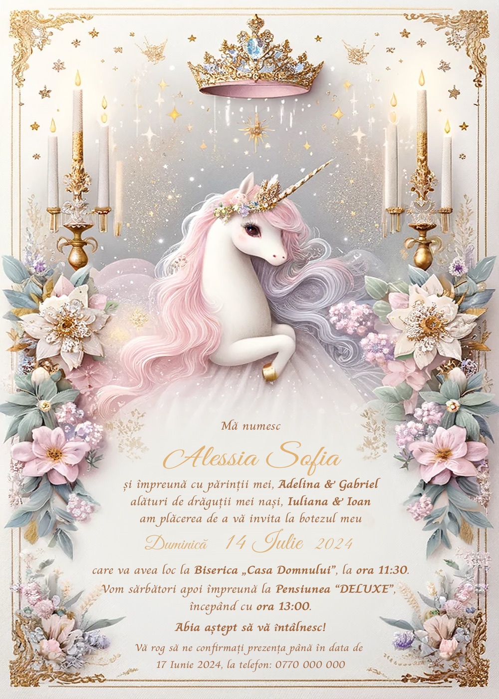 Invitație digitală de botez, modelul The Unicorn