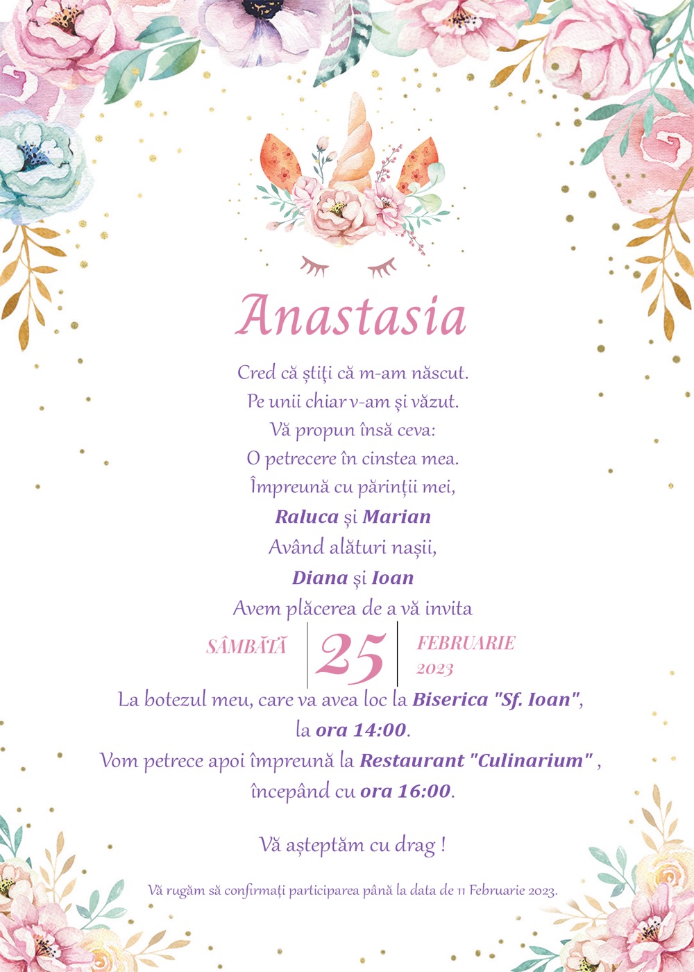 Invitație digitală de botez, modelul Unicorn