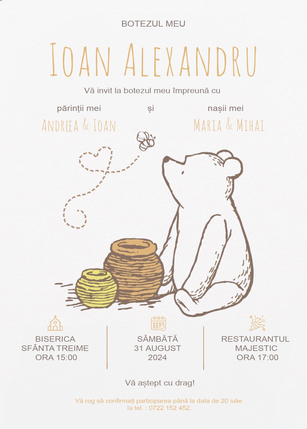 Invitație digitală de botez, modelul Winnie The Pooh